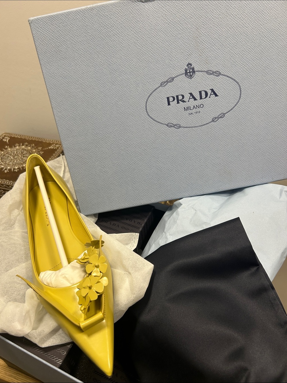 Prada Yellow Pointed-Toe Leather Flat with Floral Appliqué